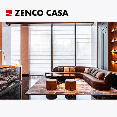 Set furnitur hotel termasuk sofa kulit dan meja kopi marmer