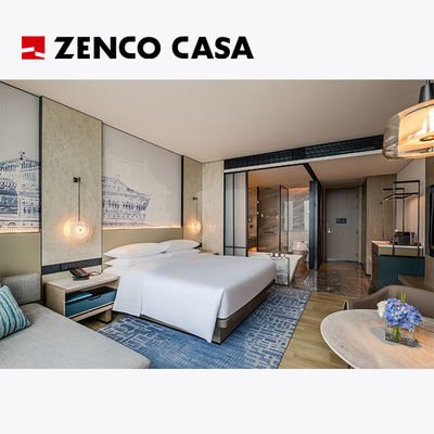 Set Furnitur Kamar Tidur Hotel Termasuk Ranjang Raja Kayu Padat Dan Minibar Modern
