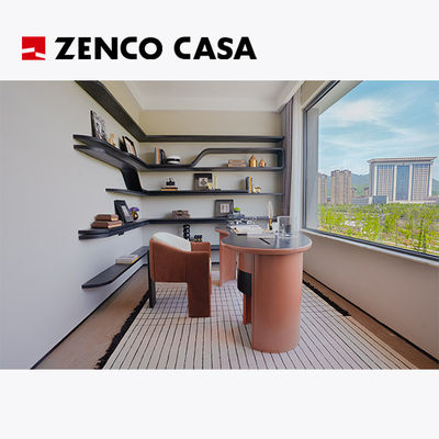 Set furnitur studio dengan meja merah oranye dan kursi buku untuk apartemen