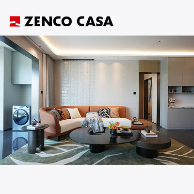 Set furnitur ruang tamu apartemen termasuk sofa melengkung dan meja kopi
